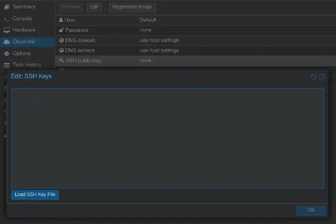 Proxmox GUI showing the virtual machine cloud-init settings panel for SSH keys