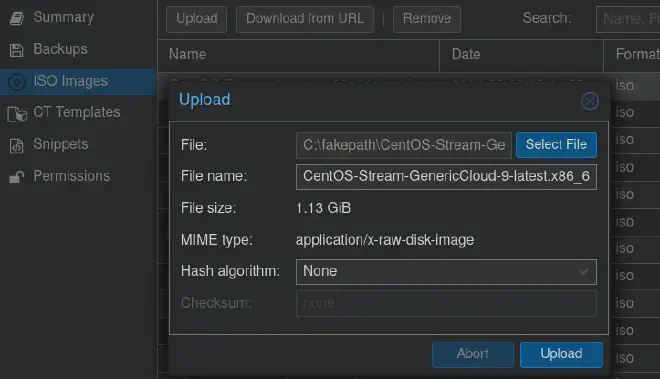 Proxmox GUI showing the server storage panel for uploading ISO images