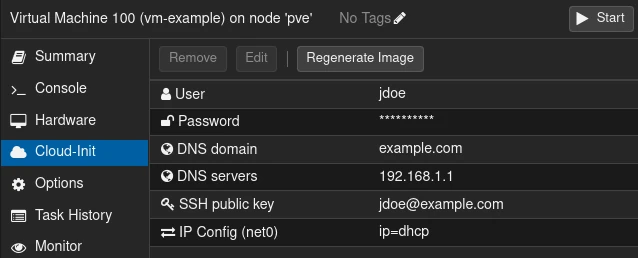 Proxmox GUI showing the virtual machine cloud-init settings panel