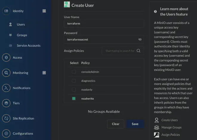 MinIO object store GUI showing the administrative user creation panel