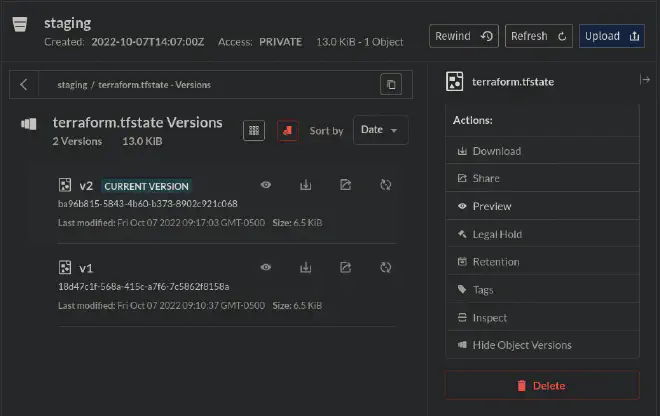 MinIO object store GUI showing a bucket settings with versioning enabled